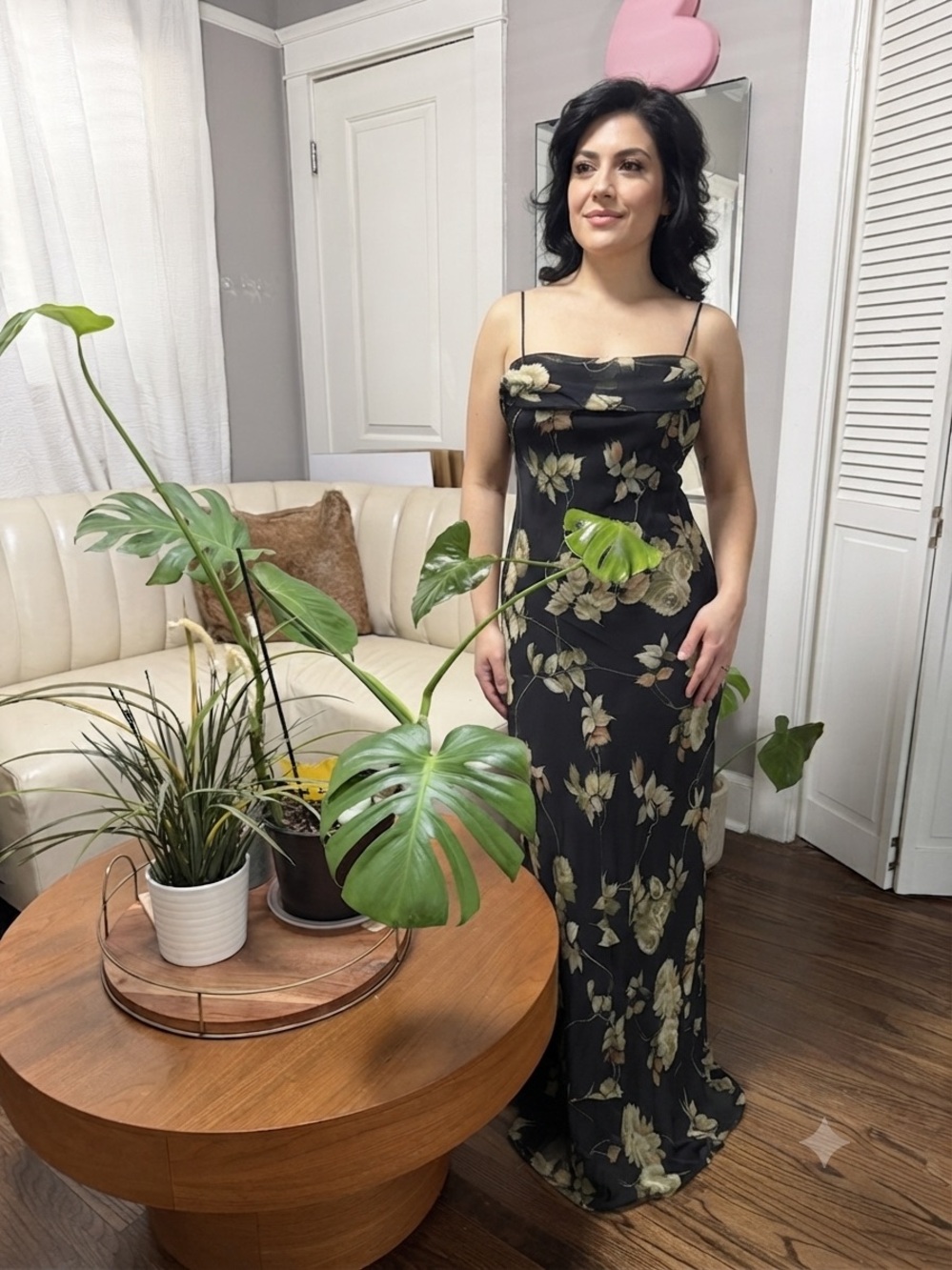 Betsy & Adam Black Maxi Dress with Green Floral Print
